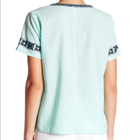 J.CREW BEACH BOHO PEASANT EMBROIDERED LINEN MINT GREEN‎ V-NECK TOP XXS - Picture 2 of 10